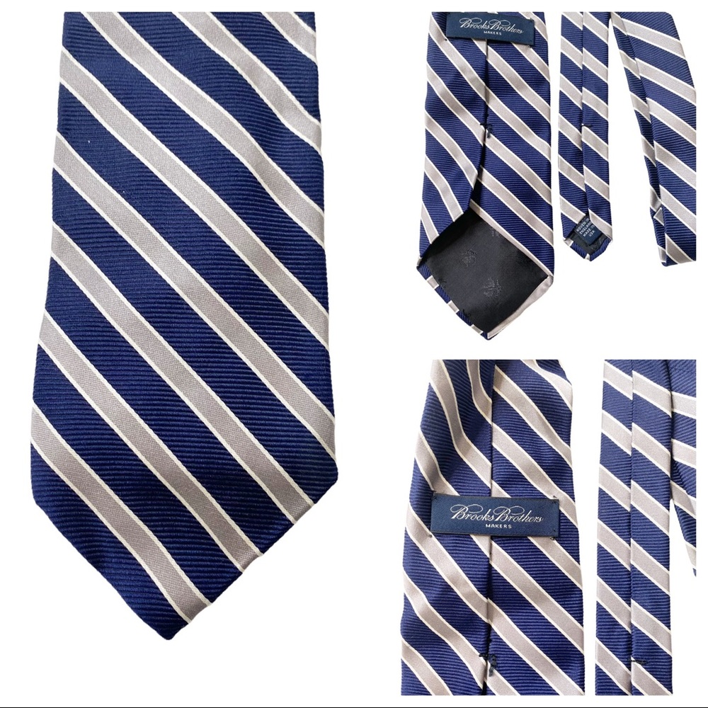 Brooks Brothers Navy Blue Silver Striped Silk Tie - Picture 1 of 4